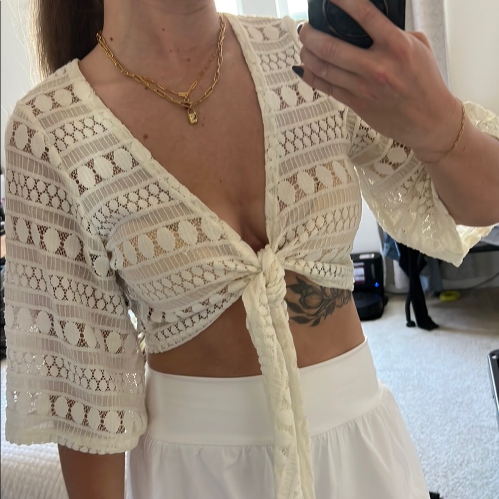 Elegant Cream Lace Tie-Front Top